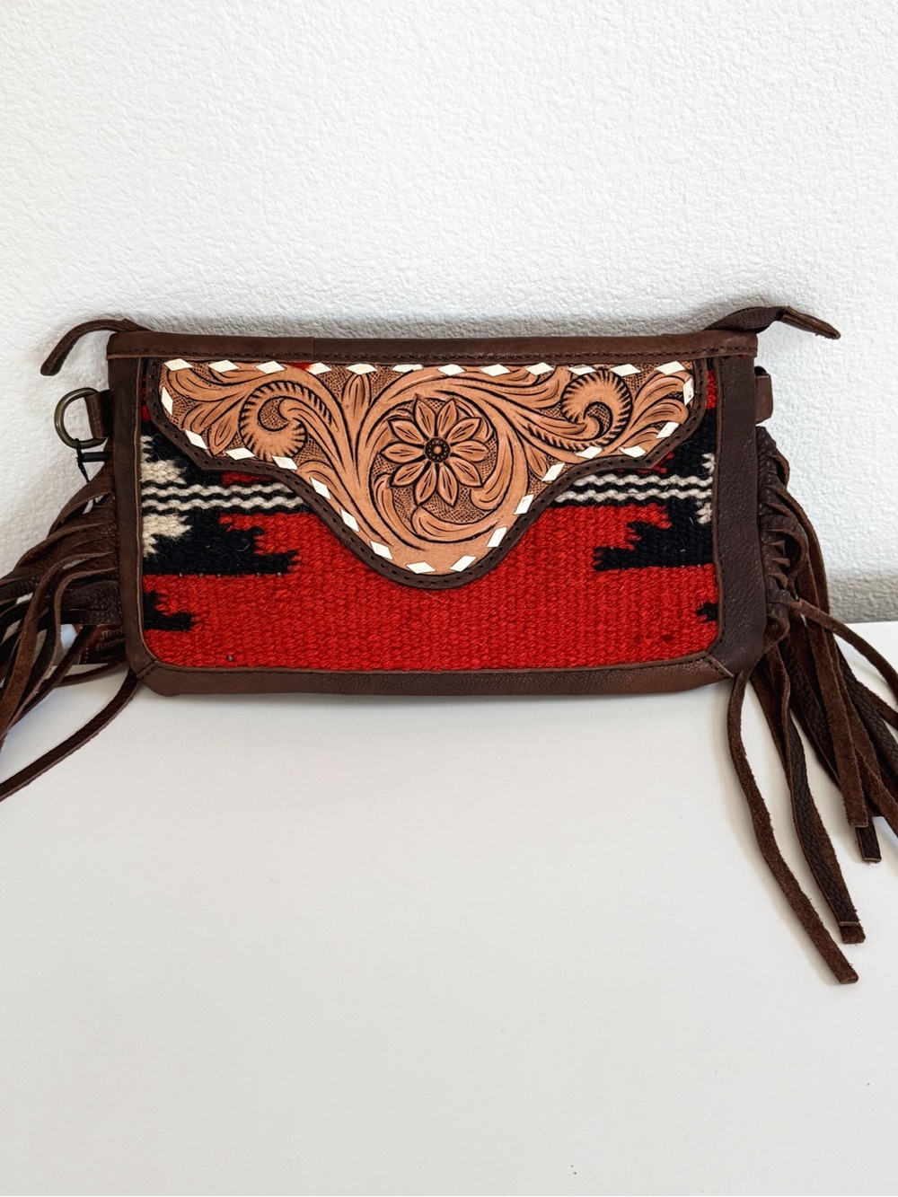 NWT Fringed Leather & Woven Red Western Clutch/Cross Body